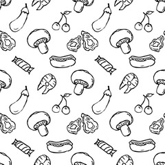 Seamless food pattern. Doodle vector food illustration.  Hand-drawn food background