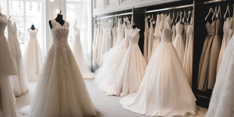 Fototapeta na wymiar magasin de robes de mariée avec plein de robes exposées - generative ai