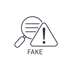 Magnifying glass with texiom and warning sign. Fraud, false, fake. Vector linear icon isolated on white background.