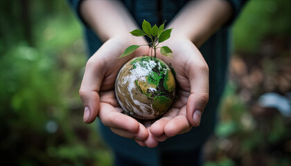 person holding earth in hand, plant growing above it, earth day by generative ai