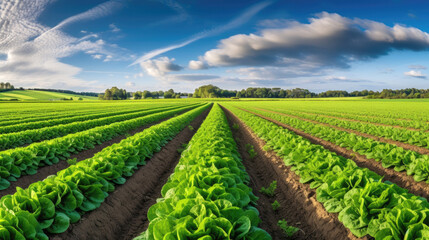 Fototapeta na wymiar Growing lettuce in rows in a field on a sunny day. Generative AI