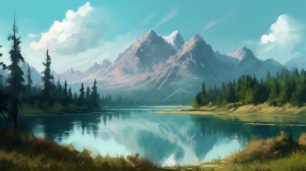Naklejka premium A painting of mountains with a lake.