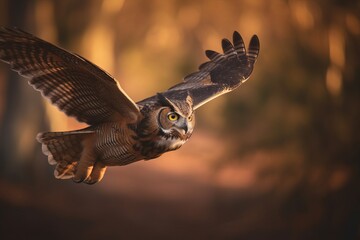 Obraz premium Great Horned Owl in flight with warm summer sunlight