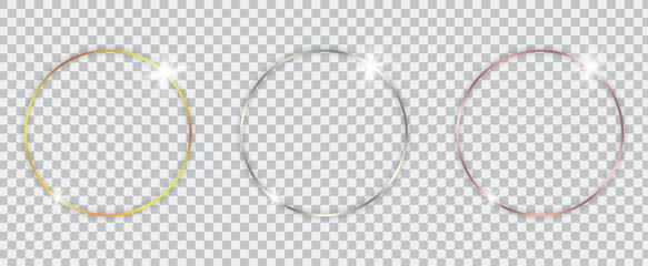 Round shiny frames with glowing effects. Set of three gold, silver and rose gold