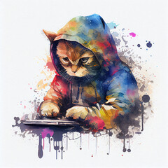 Watercolor painting of kawaii cat in hoodie lost in virtual reality game or exploring software development. Funny and endearing image for targeting tech-savvy pet owners or promoting gaming products
