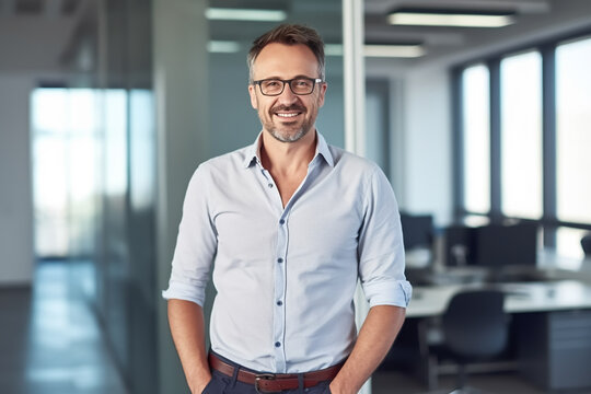 Business man with shirt stands contented and smiling in modern office - theme start-up, success, career and innovation - Generative AI