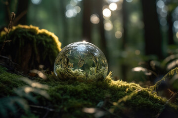 crystal globe resting on moss in a forest -environment concept 