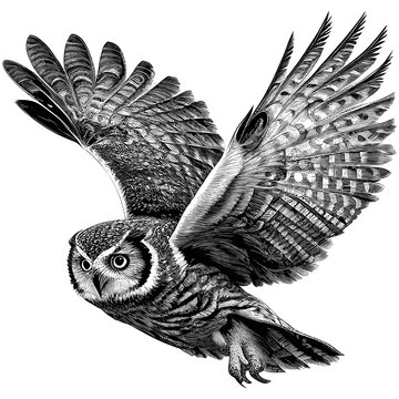 Hand Drawn Engraving Pen and Ink Owl Flying Vintage Vector Illustration