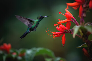Hummingbirds fly next to beautiful red flowers.