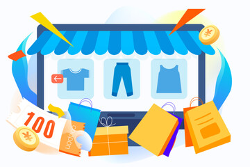 People shopping online with mobile phone and shopping cart in the background, vector illustration