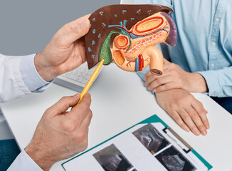 Treatment of gallbladder and liver diseases in medicine, conceptual image. Gastroenterologist...
