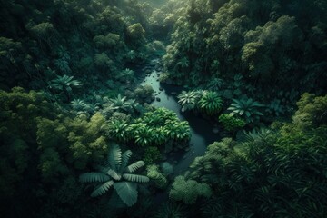 Obraz na płótnie Canvas Drone shot of a jungle valley and a lake, generative AI
