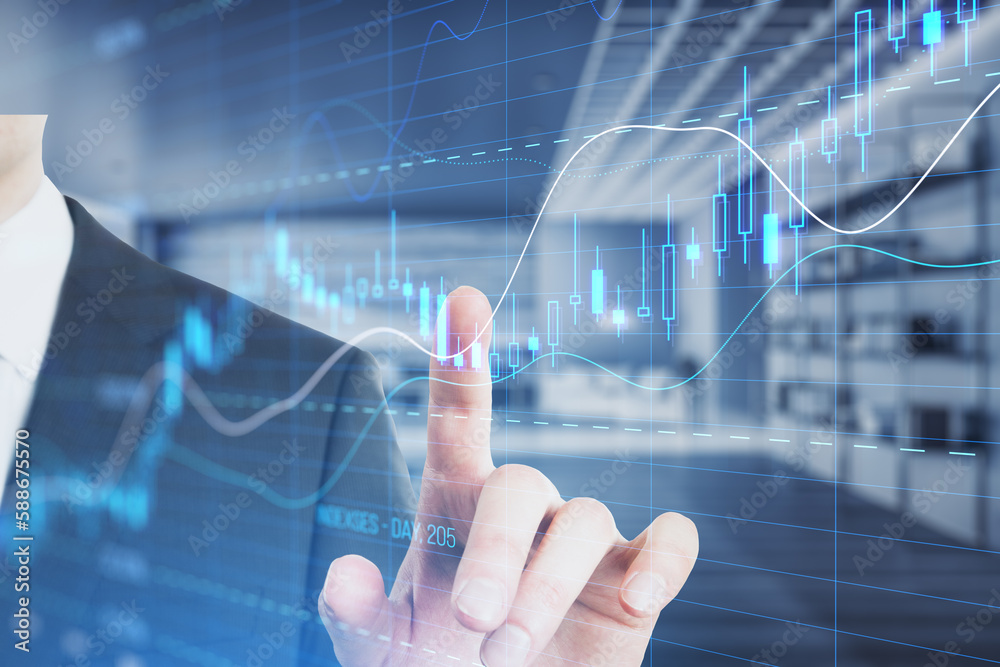 Aufkleber close up of businessman hand pointing at glowing candlestick forex chart with index on blurry office
