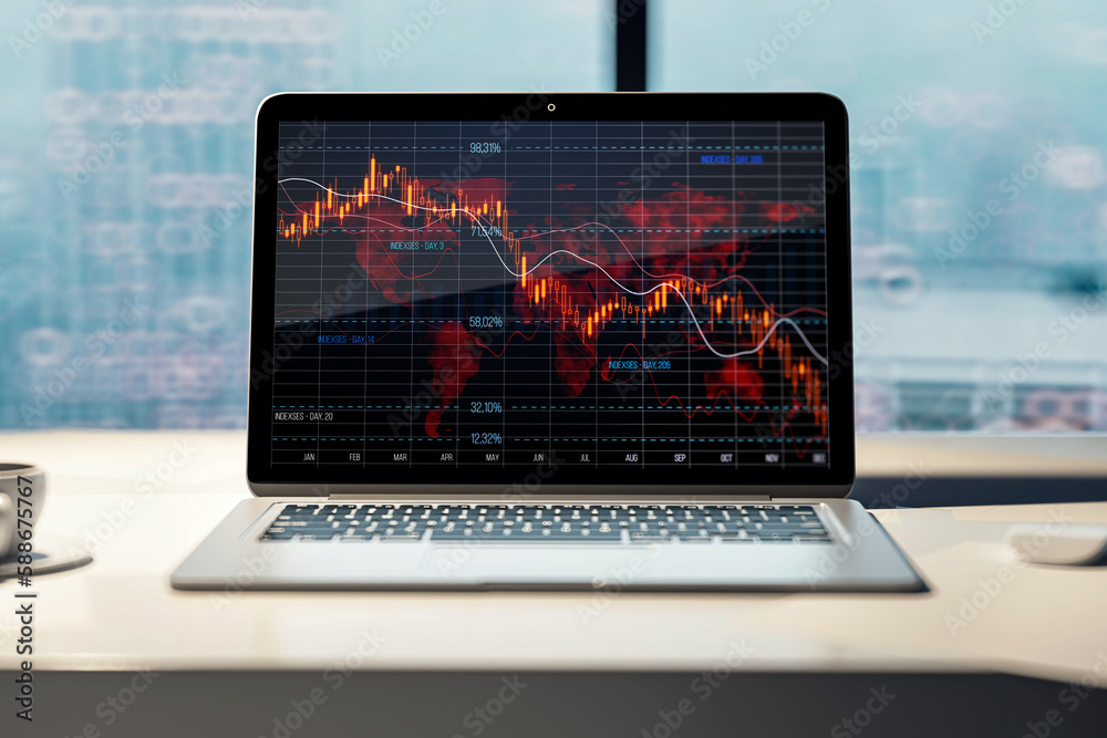 Poster Close up of laptop computer with falling red crisis forex chart on screen. Desktop and blurry city view background. Recession, trade and downfall concept. 3D Rendering.