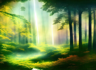 Fototapeta na wymiar Fantasy mystical forest. Foggy green, dark forest.