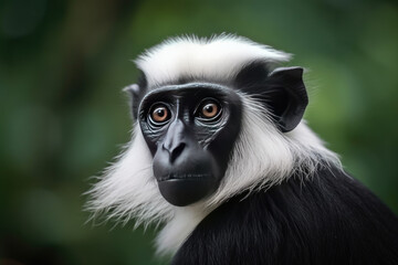 Portrait of Abyssinian Black-and-White Colobus Monkey, beautiful African primate.