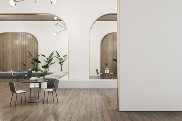 Modern concrete and wooden cafeteria or restaurant interior with blank white mock up place, furniture and decor. Designs concept. 3D Rendering.