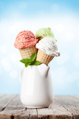 Various ice cream in waffle cones