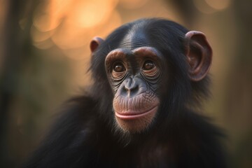 Portrait of a young baby chimpanzee with a warm sunset woodland setting.