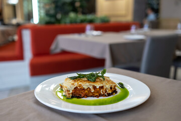 Popular Italian dish Seafood Lasagna at restaurant