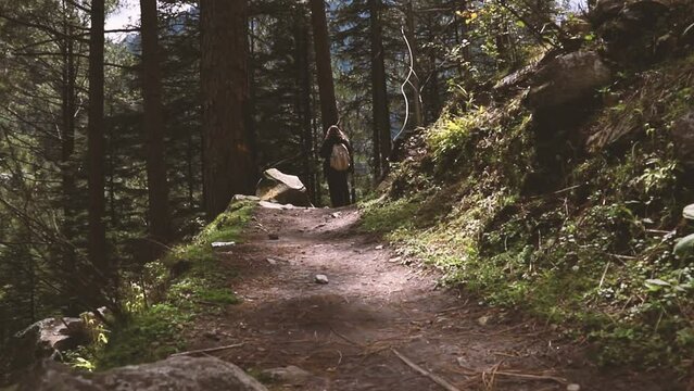 first person view in a walking trail at the forest just behind a woman - Parvati Valley - Himachal Pradesh - Himalayas, India