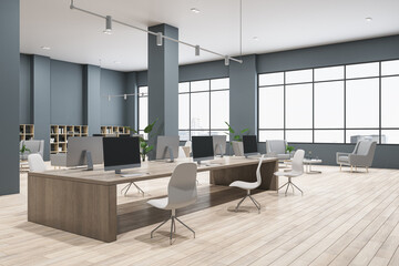 Modern loft coworking office interior with panoramic windows, wooden flooring, furniture, equipment and no people. 3D Rendering.