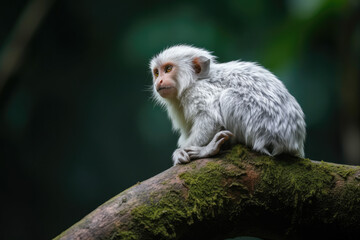 Rare little rainforest monkey with silvery white fur lying on a branch with blurred green background.