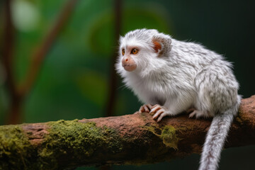 Rare little rainforest monkey with silvery white fur lying on a branch with blurred green background.