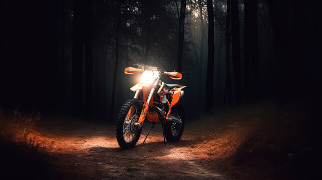 Full Camera Shot of Orange KTM 450 EXC-F in a Sunset Field, Generative AI