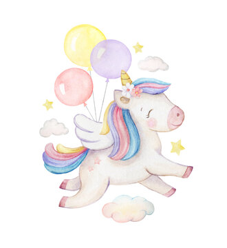 Watercolor pony with balloons isolated on a white background.