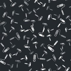 Grey Paint roller brush icon isolated seamless pattern on black background. Vector