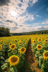 Fototapeta premium Sunflower field, agricultural landscape. Generative AI