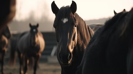 Diverse group of horses during the golden hour