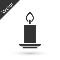 Grey Burning candle icon isolated on white background. Cylindrical candle stick with burning flame. Vector