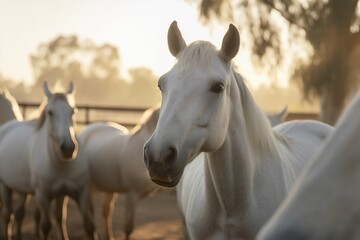 Obraz premium Group of white horses during the golden hour