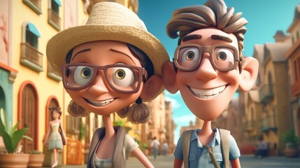 A happy couple of cartoon tourists