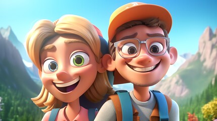 Fototapeta premium Happy cartoon couple in the mountains