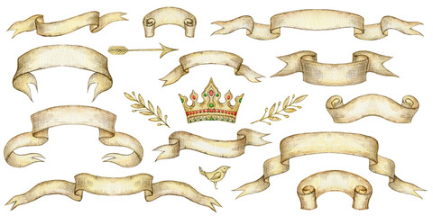 Watercolor set of banners and ribbons in vintage style isolated on a white background. Design for postcard, scrapbooking, gift project, planner, blogs,  greeting cards, D.I.Y. and other projects..