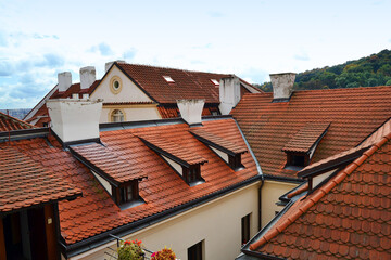 Red roofs of old Prague. Panoramic view. Autumn season in Vy&scaron;ehrad, Czech Republic