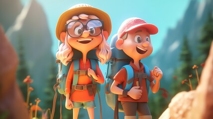 Obraz na płótnie Canvas Happy cartoon couple in the mountains