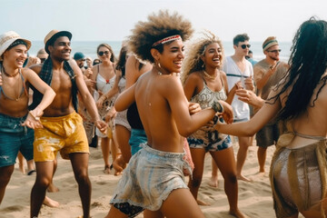 Multiracial group of friends having fun dancing at sunset beach party. Generative AI