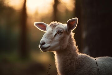 Fototapeta premium Closeup of a cute lamb standing in a woodland country setting