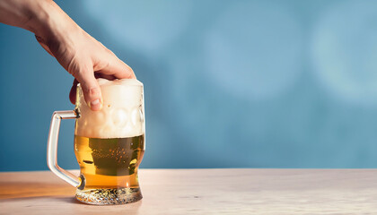 One hand is holding a beer glass on a table. Neutral background. Space for text.