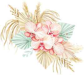 Obraz premium Orchid flowers, dried flowers. Hand drawn watercolor boho bouquet