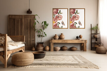Bohemian Living Room Mockup Interior Featuring Empty Wall Space
