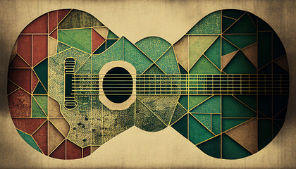 Acoustic guitar background with an abstract vintage distressed texture which is a musical instrument used in blues, rock, jazz and classical music, computer Generative AI stock illustration image