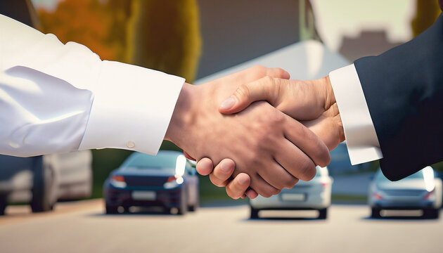 A car seller shakes hands with a buyer. In the background are cars. Space for text.