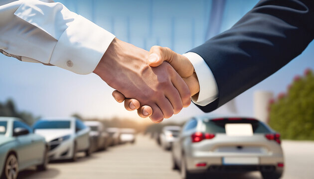 A car seller shakes hands with a buyer. In the background are cars. Space for text.