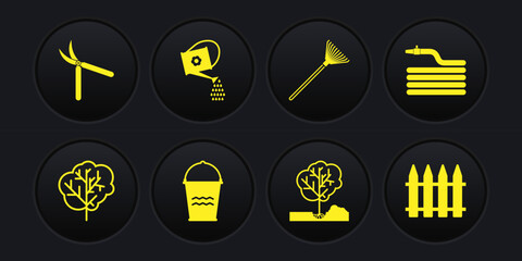 Set Tree, Garden hose or fire hose, Bucket, Planting tree in the ground, rake for leaves, Watering can, fence and Gardening handmade scissor icon. Vector