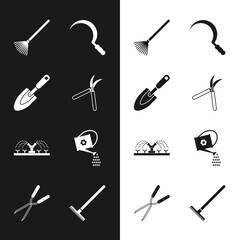 Set Gardening handmade scissor, trowel spade shovel, rake for leaves, Sickle, Automatic irrigation sprinklers, Watering can, and icon. Vector